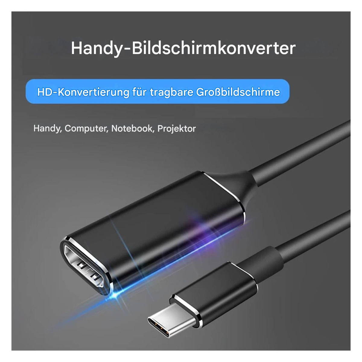 Schwarzer Adapter mit USB-C-Anschluss. Text: 'HD-Konvertierung für tragbare Großbildschirme'.
