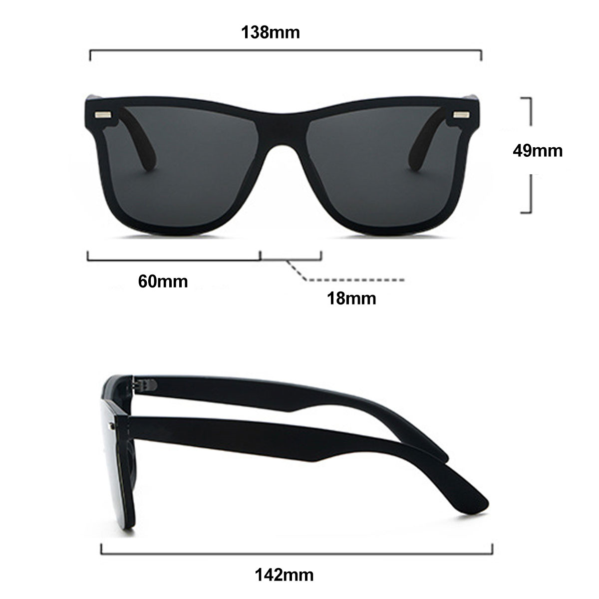 Schwarze Sonnenbrille mit Maßen auf dem Bild.