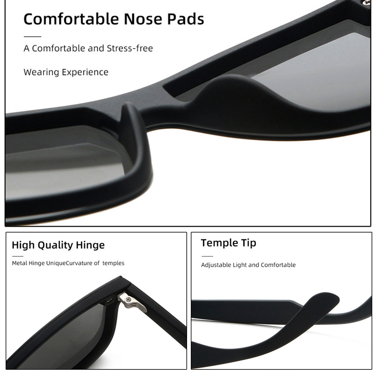Schwarze Sonnenbrille, Nahaufnahme. Text oben: Komfortable Nasenpads. Text unten: Hochwertiges Scharnier, Bügelspitze.