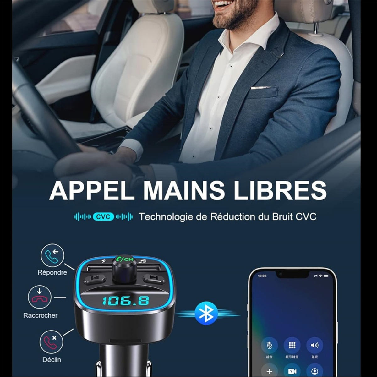 Ein Autointerieur mit Freisprecheinrichtung und einem Telefonbildschirm, der eine Anrufoberfläche anzeigt.