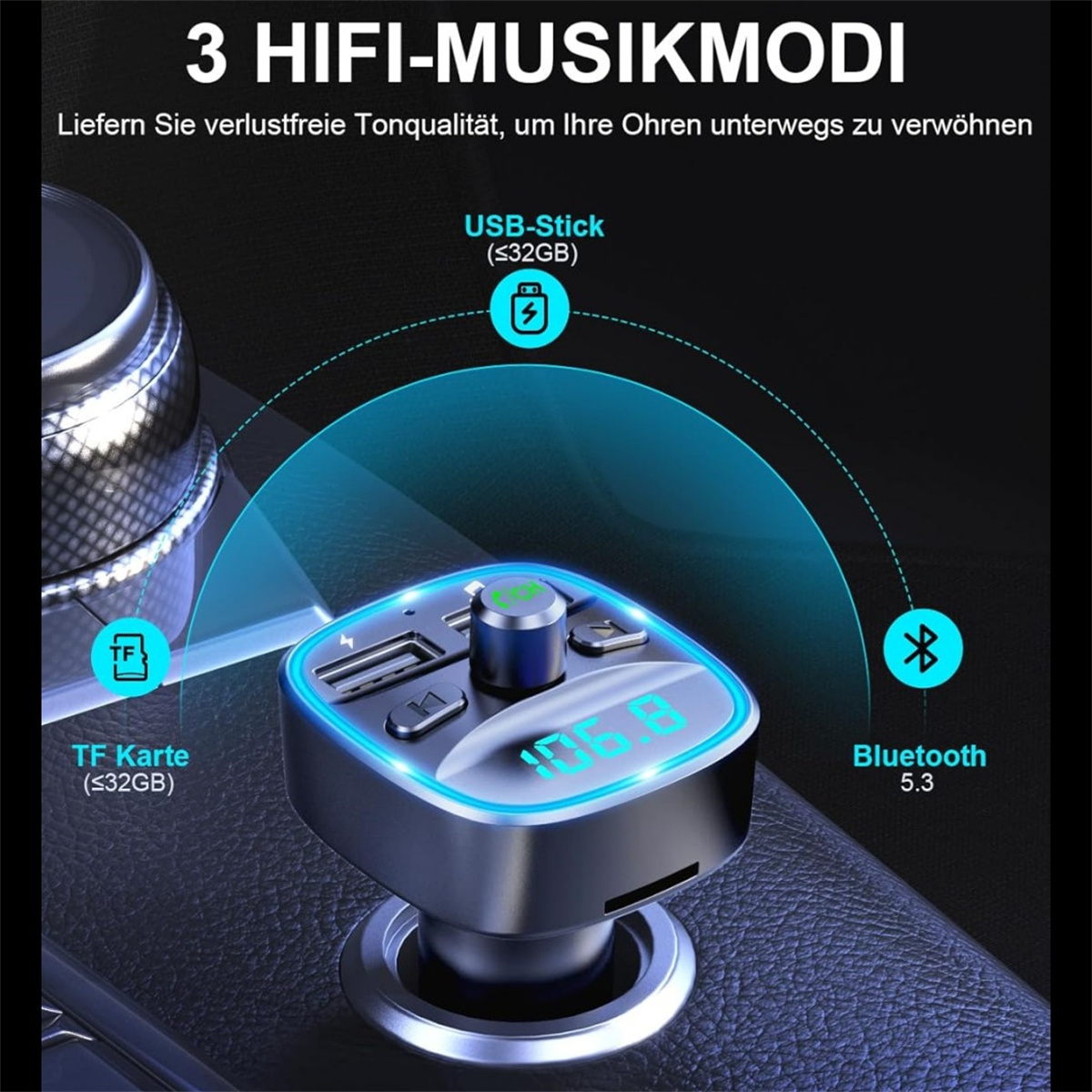 Ein schwarzes Auto-Audiogerät mit USB, Bluetooth und TF-Karten-Funktionalität. Es zeigt ein digitales Display.