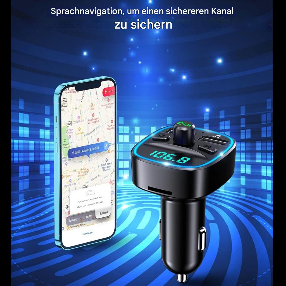 Schwarzes Autoladegerät mit Digitalanzeige, gepaart mit einem Smartphone, das eine Karte zeigt.