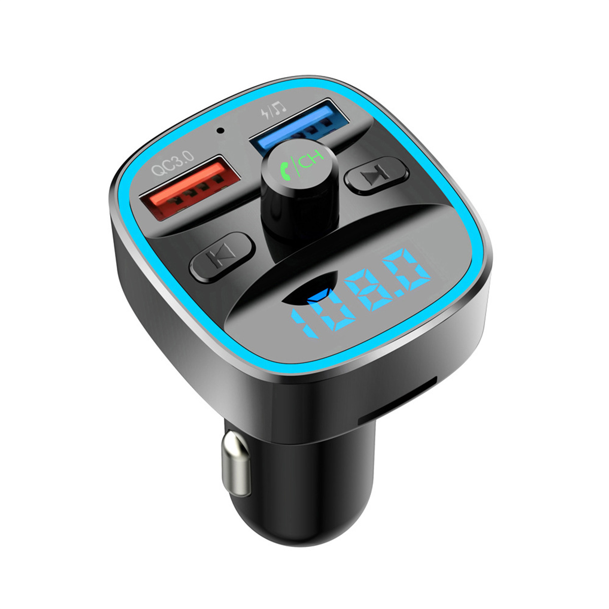 Ein schwarzes Autoladegerät mit roten und blauen USB-Anschlüssen, einem Bildschirm mit Zahlen und Tasten.