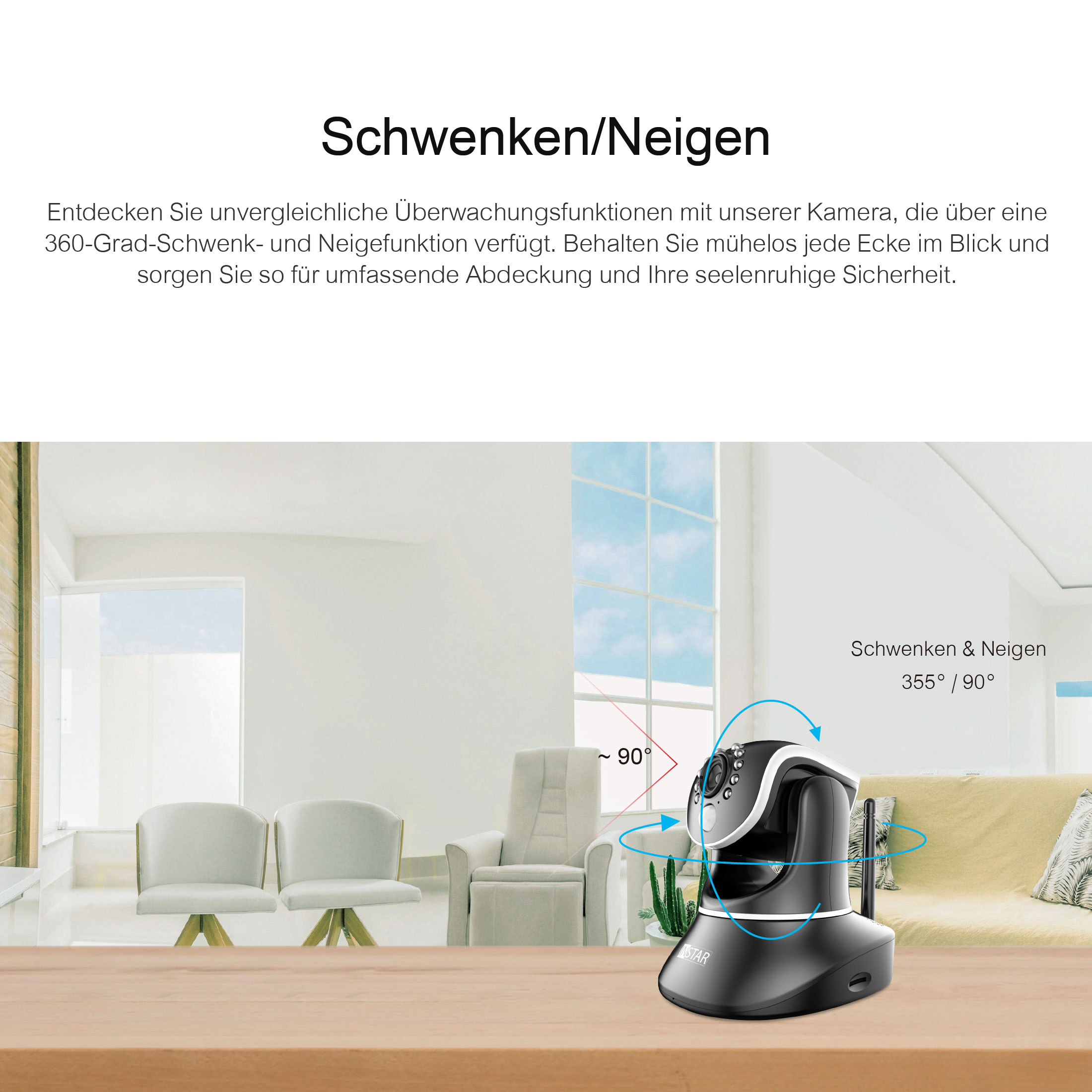 Eine Überwachungskamera in einem Raum mit einer Darstellung ihres Bewegungsbereichs. Weiße Wände und Fenster sind sichtbar.