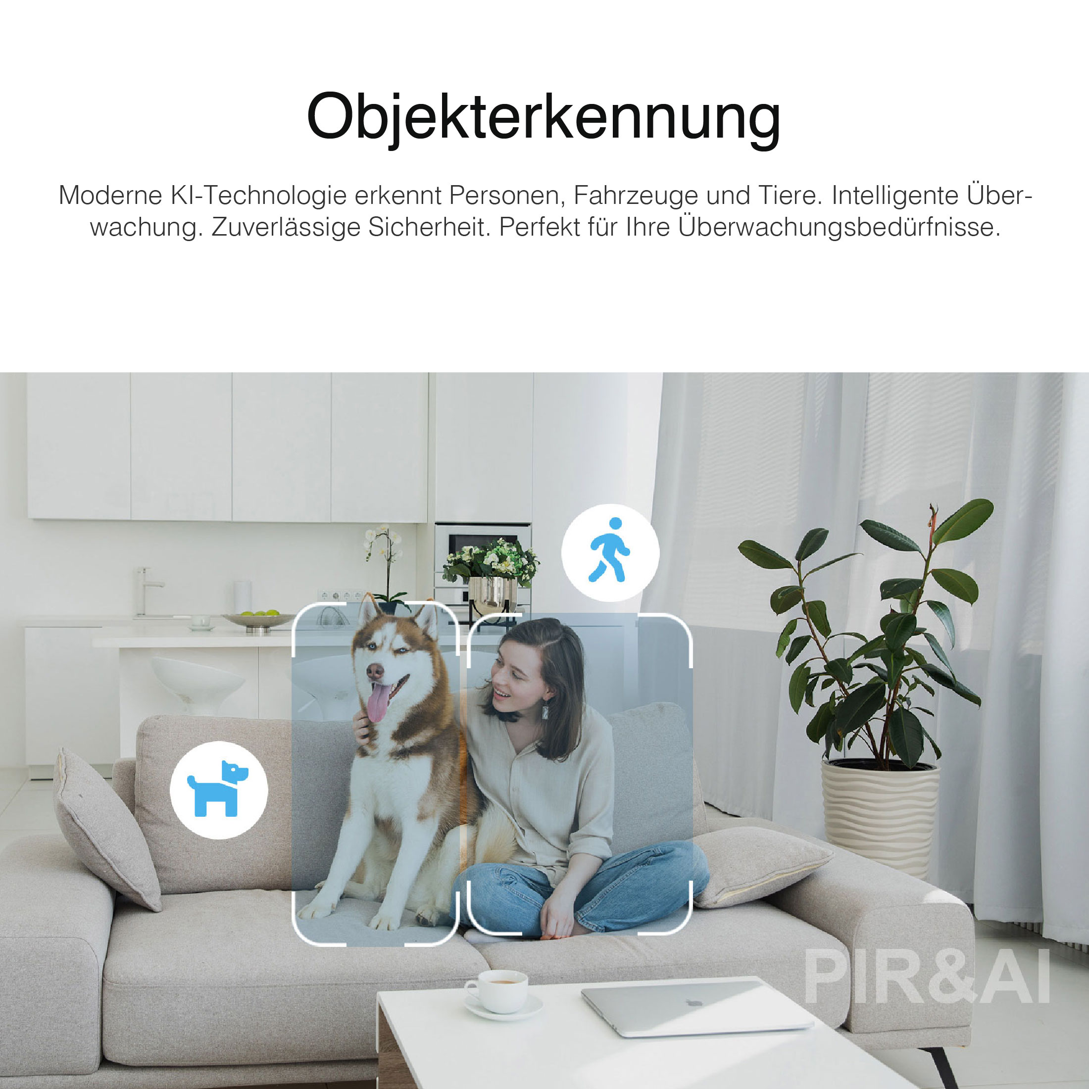 Frau und Hund auf Sofa, Smart-Home-Kamera erkennt sie. Moderne KI-Technologie.