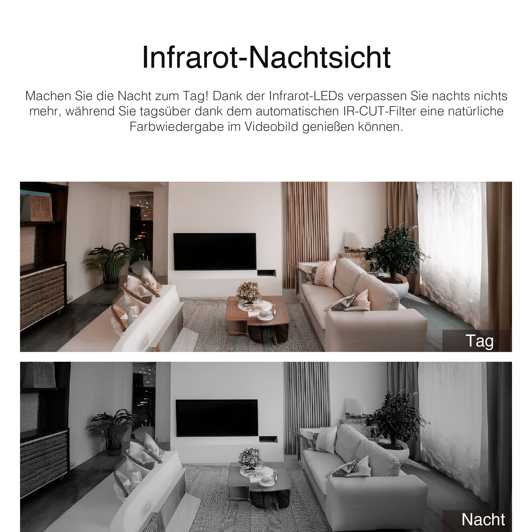 Zwei Bilder, die ein Wohnzimmer bei Tag und Nacht zeigen. Das Nachtbild ist dunkler.