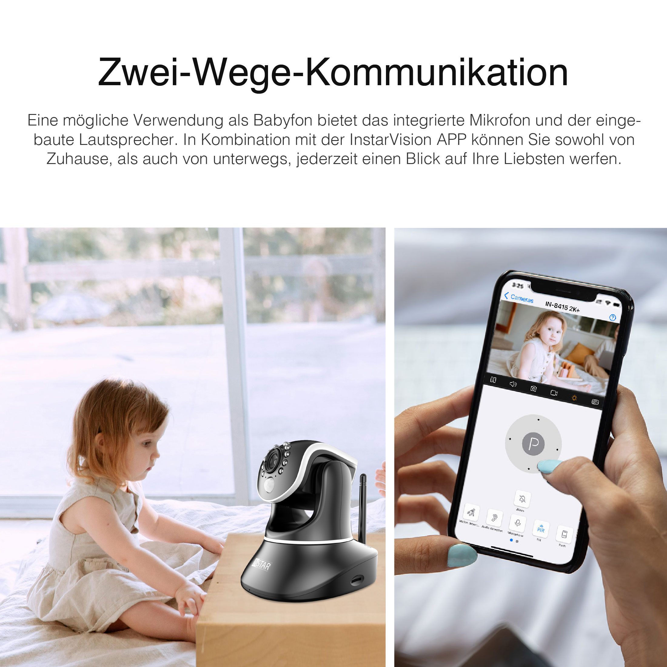 Ein Kind und eine Kamera auf einem Tisch. Ein Telefon mit einer Babyphone-App wird verwendet.