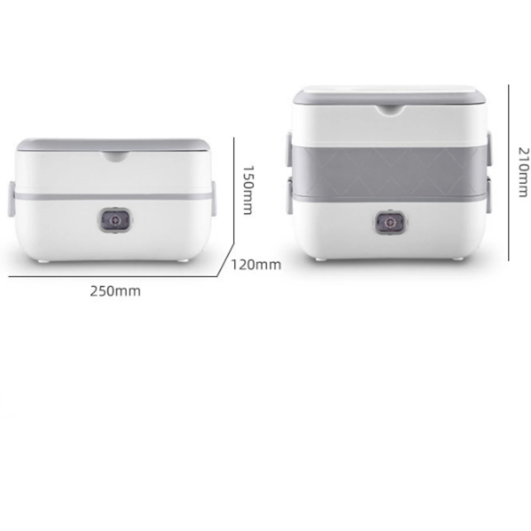 Elektrische Lunchbox mit angegebenen Abmessungen. Die Box ist weiß und grau. Sie hat die Abmessungen 250 mm x 120 mm x 150 mm und 210 mm.