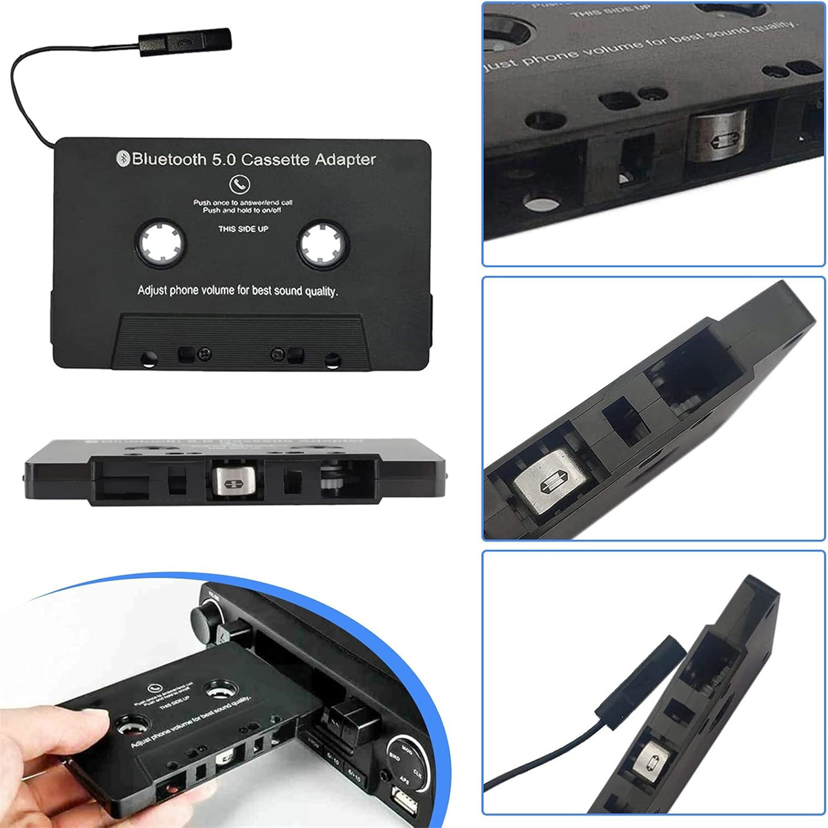 Schwarzer Bluetooth 5.0 Kassettenadapter. Es werden mehrere Nahaufnahmen des Kassettenadapters gezeigt.