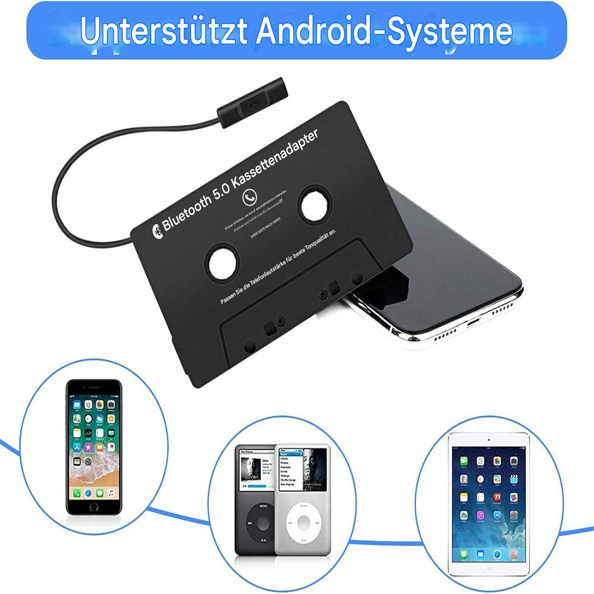 Schwarzer Bluetooth 5.0 Kassettenadapter. Ein Smartphone und andere Geräte sind unten abgebildet. Text: Bluetooth 5.0 Kassettentadapter.