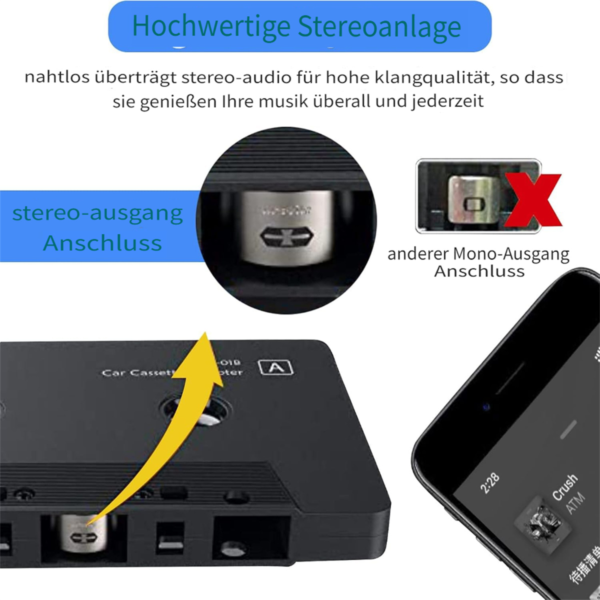 Schwarzer Bluetooth 5.0 Kassettenadapter. Nahaufnahme des Kassettenadapters und eines Mobiltelefons. Text.