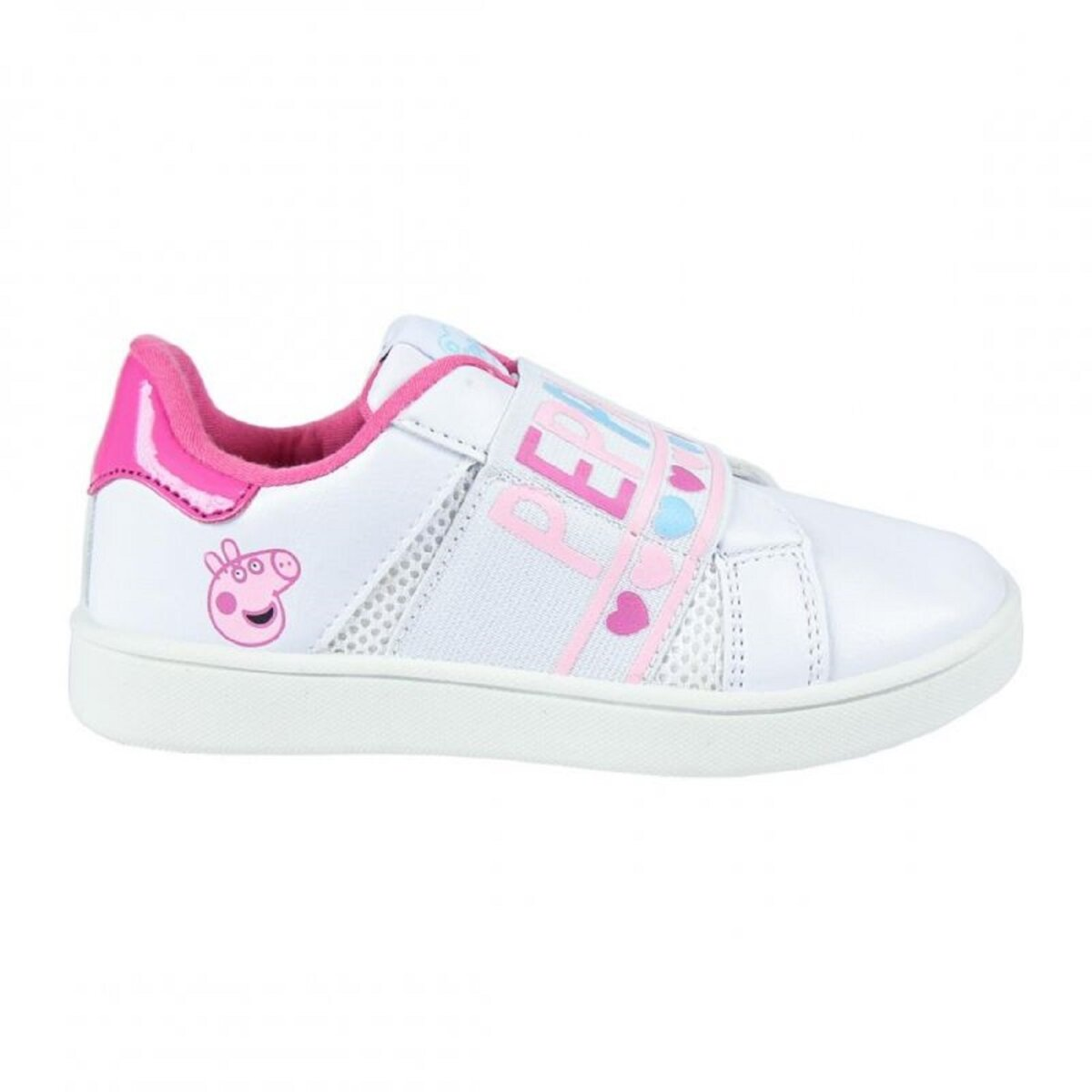 Weißer Peppa Wutz Schuh, Seitenansicht. Rosa Akzente und das Wort PEPA. Peppas Gesicht sichtbar.