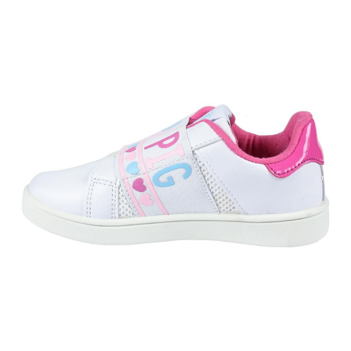 Weiße Turnschuhe mit rosa und blauen Akzenten. Das Wort 'PIG' steht oben auf dem Schuh. Rosa Sohle.