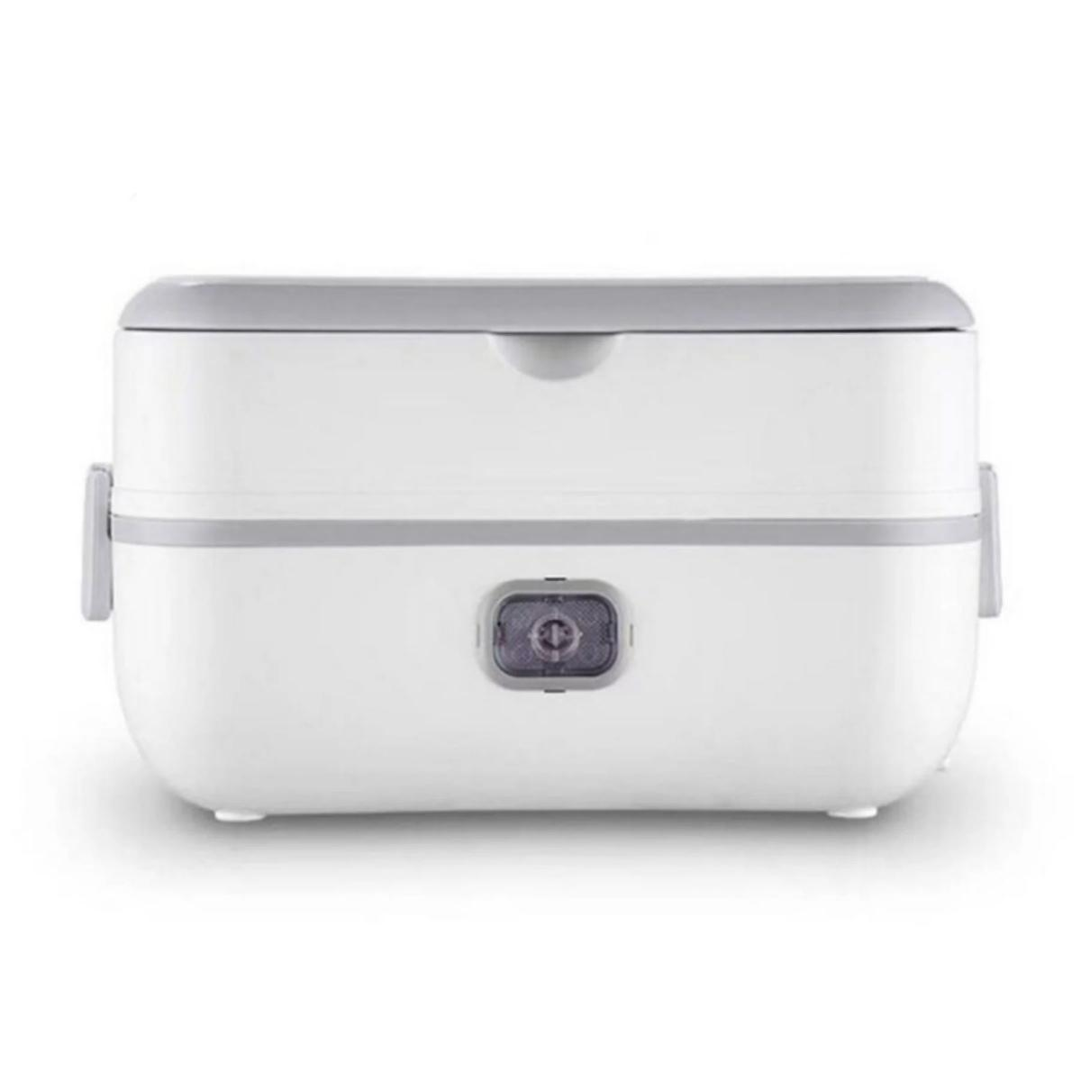 Eine weiße und graue Lunchbox, zwei Etagen, mit grauem Griff und Knopf.