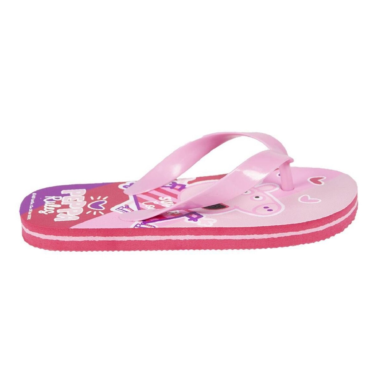 Rosa Peppa Wutz Flip-Flop mit Peppa darauf. Herzen und andere Muster auf der Sohle.