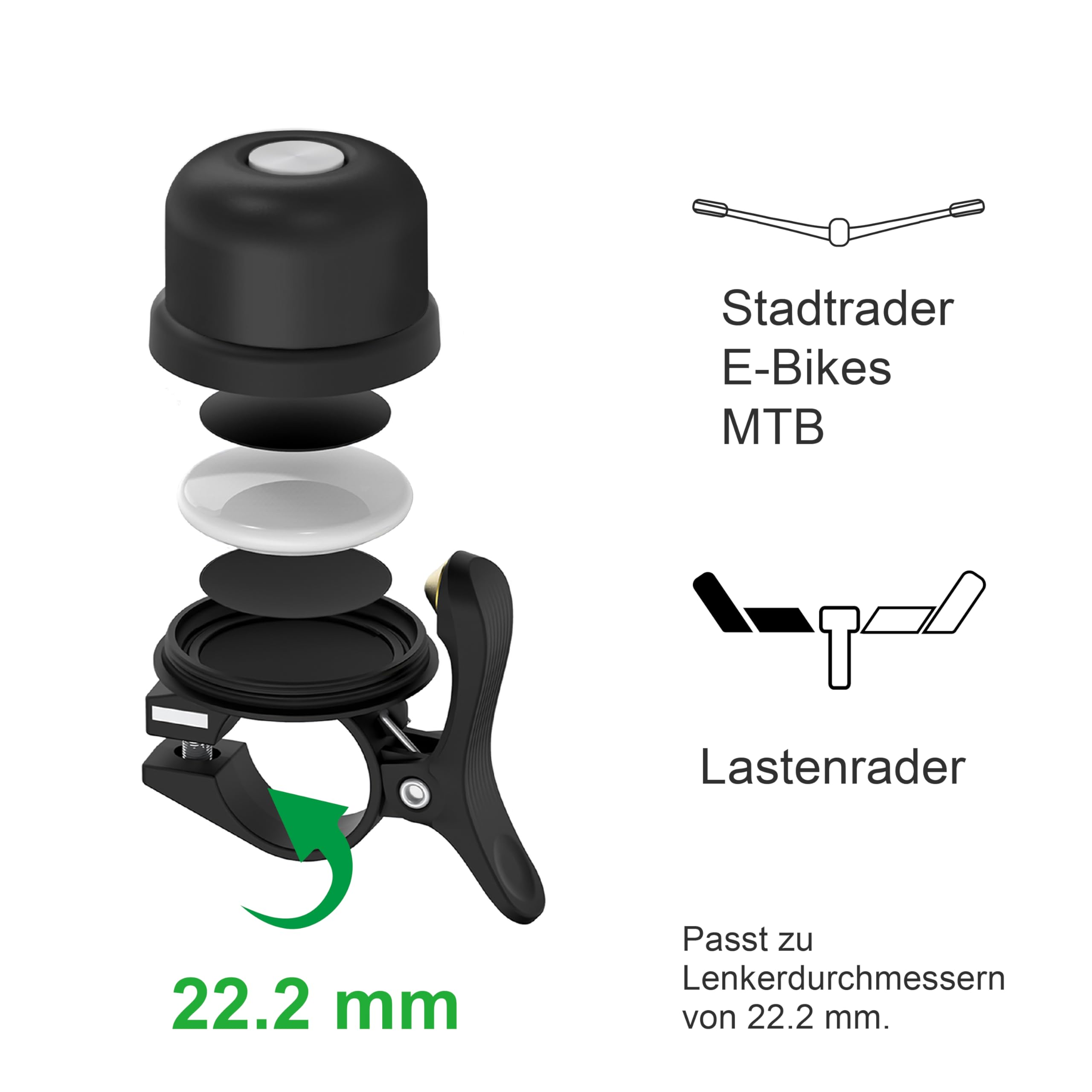 Explosionsansicht einer schwarzen Fahrradklingel. 22,2 mm Text. Stadttrader E-Bikes MTB.