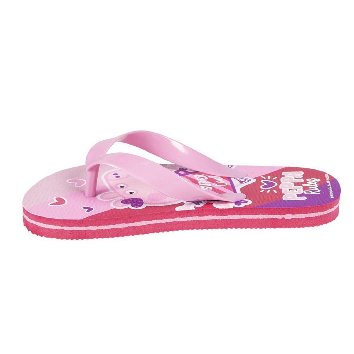 Rosa Peppa Wutz Flip-Flop. Rote Sohle, rosa Riemen. Peppa-Grafik.