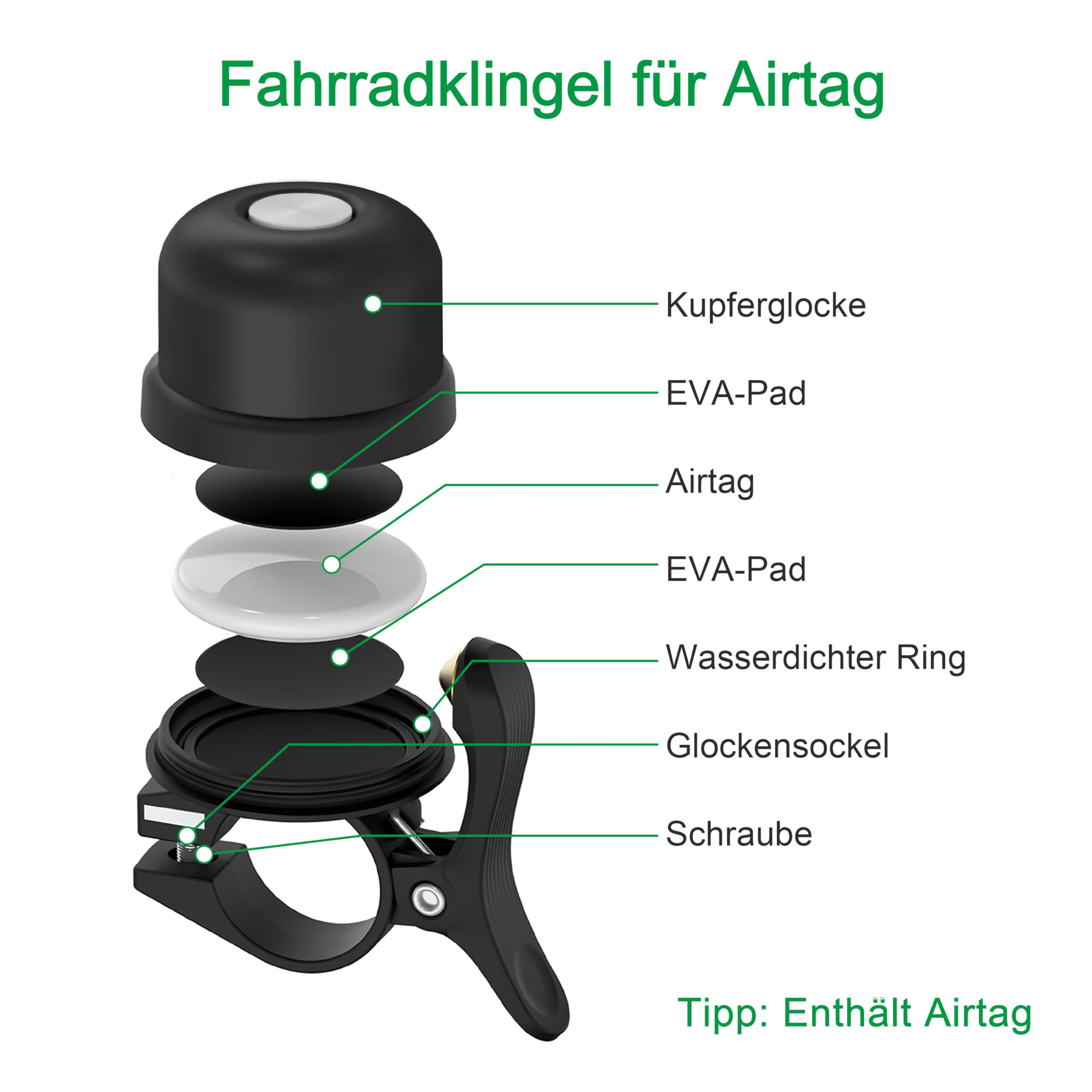 Diagramm der Komponenten einer Fahrradklingel: Kupferglocke, EVA-Pad, AirTag, wasserdichter Ring usw.
