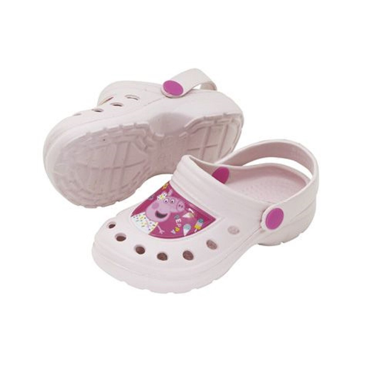 Zwei weiße Peppa Pig Clogs. Einer ist im Hintergrund.