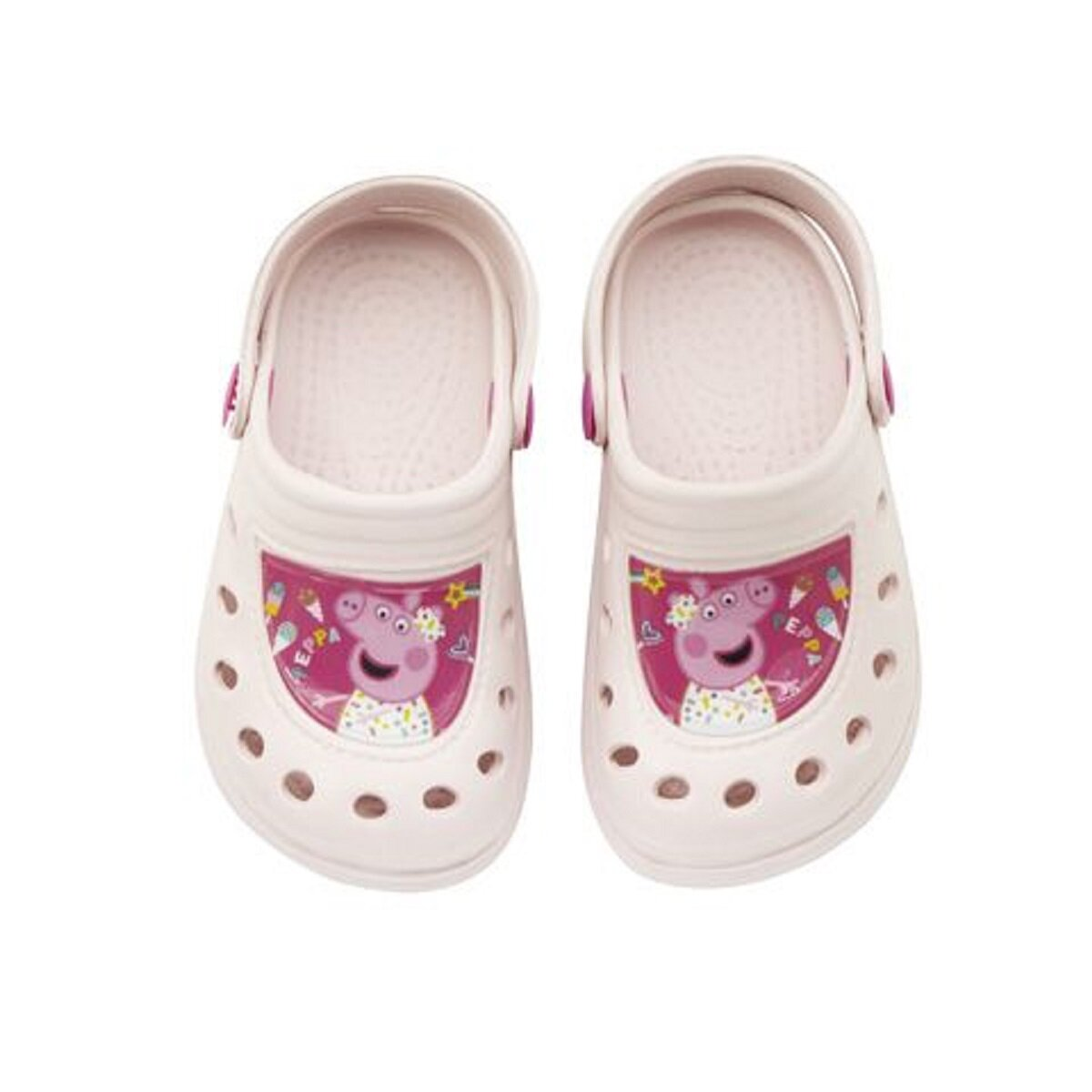 Paar weiße Peppa Pig Clogs mit Peppas Bild auf der Vorderseite.