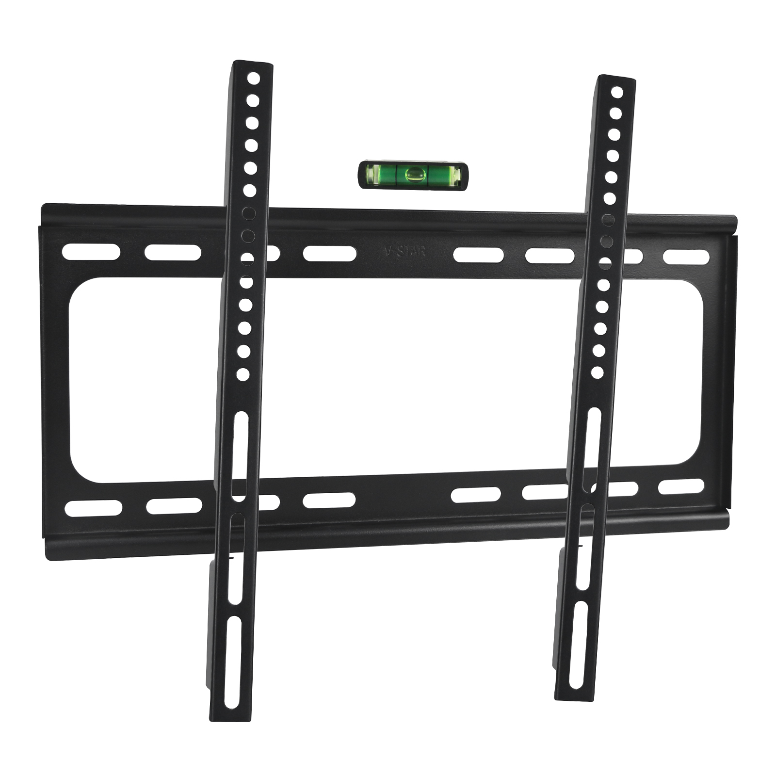 Schwarze TV-Halterung. Zwei vertikale Schienen mit Löchern, Wasserwaage und V-STAR-Logo.
