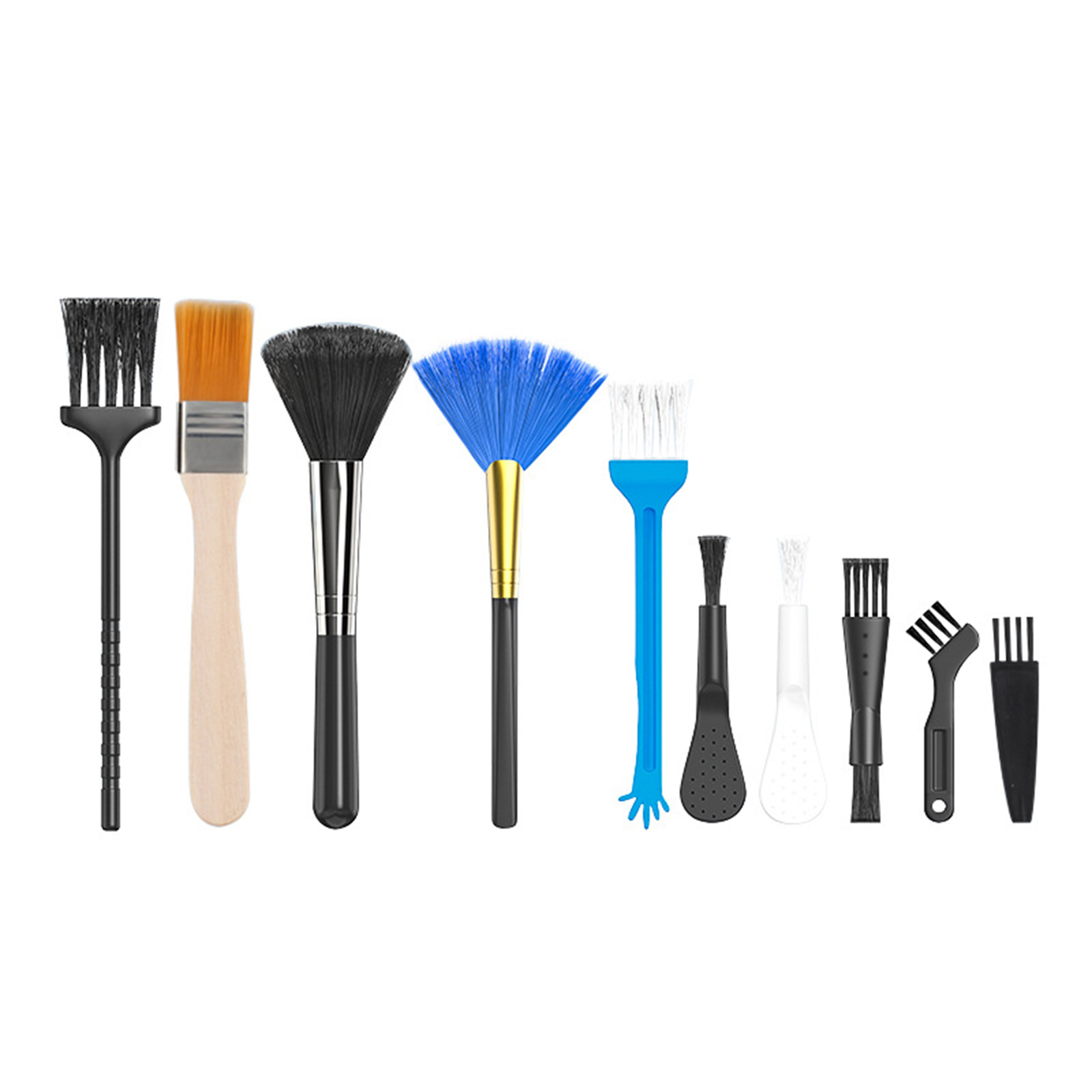 Zehn verschiedene Pinsel. Schwarz, braun, blau und weiß, unterschiedliche Formen.