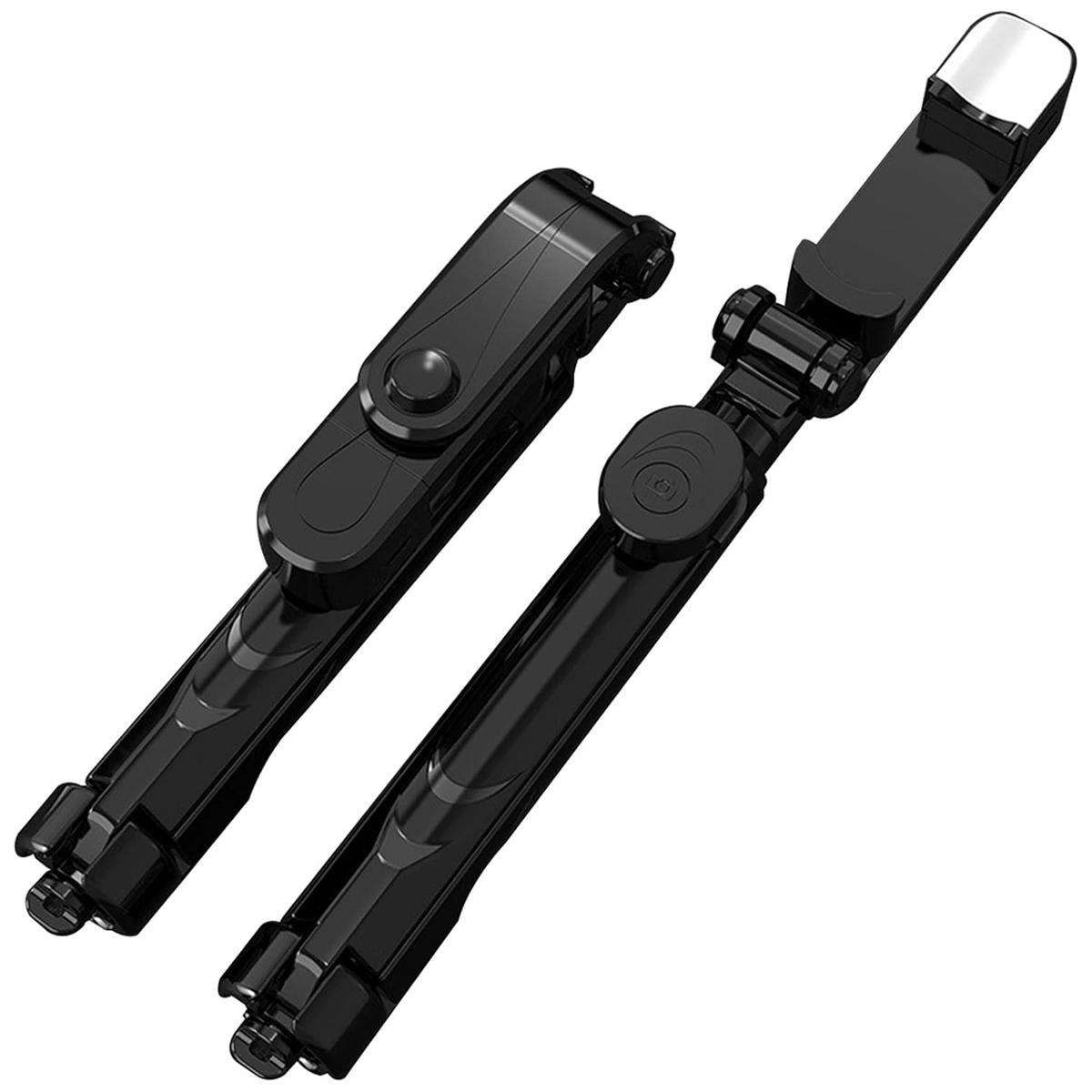 Zwei schwarze Selfie-Sticks werden zusammengeklappt mit sichtbaren Knöpfen und Handyhalterung gezeigt.