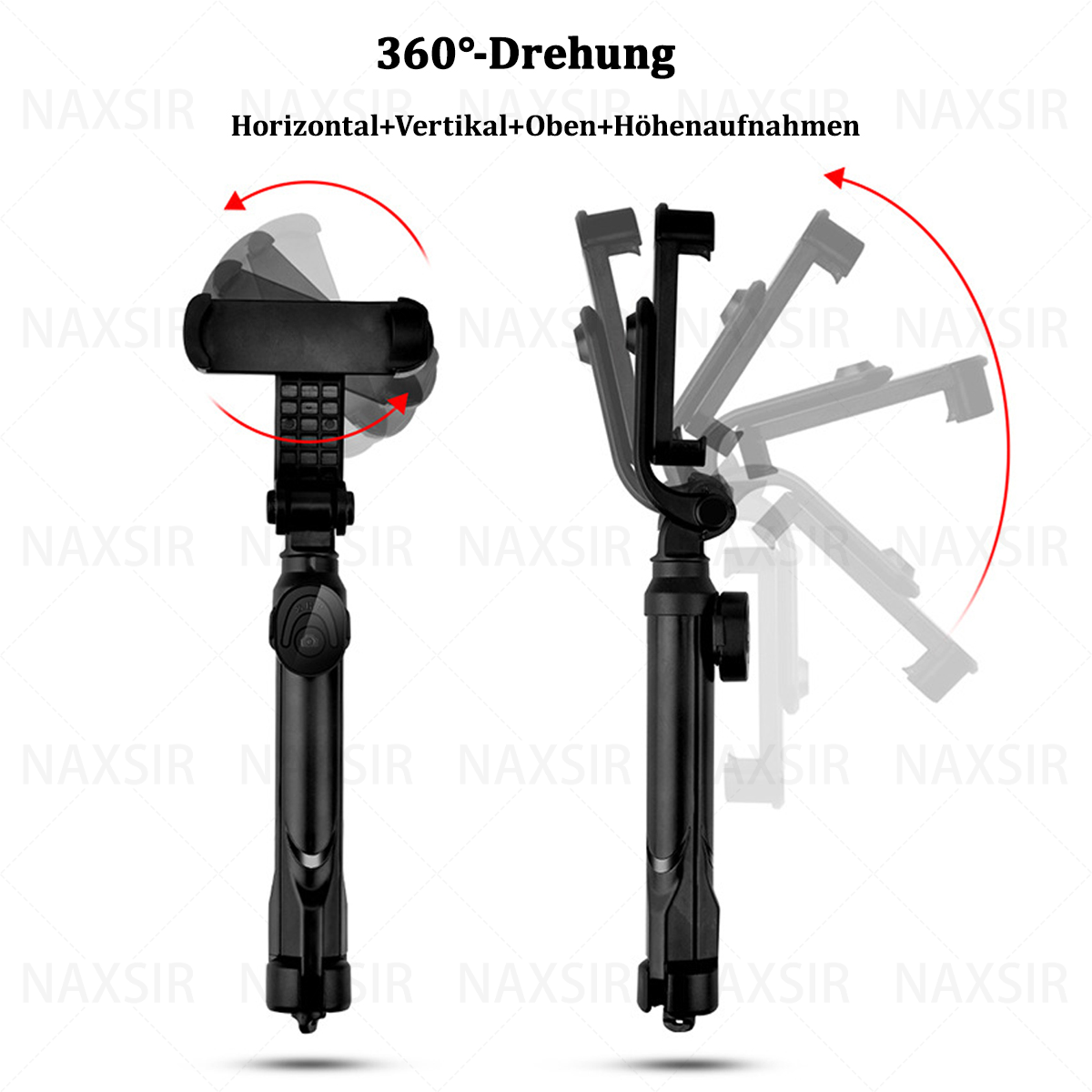 Zwei Ansichten eines schwarzen Selfie-Sticks, die seine Drehung und Ausziehfunktionen mit Branding zeigen.