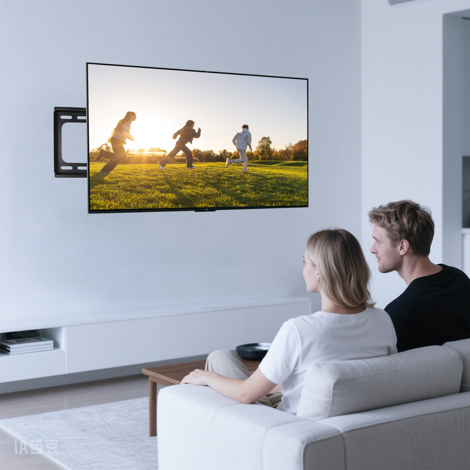 Ein Paar sieht fern, der Fernseher ist an der Wand befestigt, eine schwarze Halterung ist sichtbar.