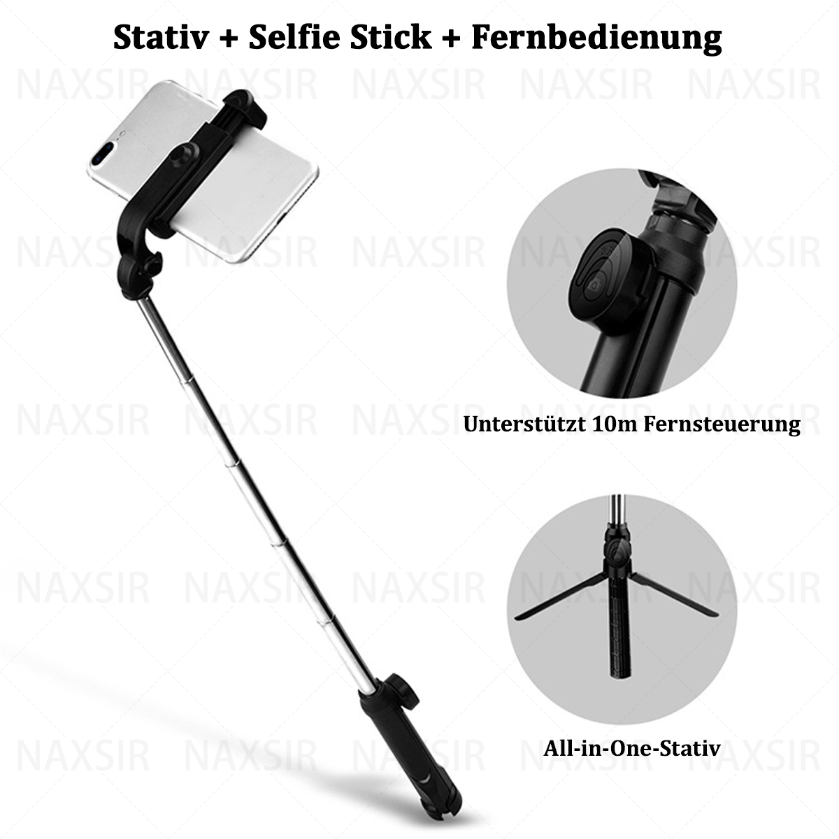Ein schwarzer Selfie-Stick mit befestigtem Telefon und Nahaufnahmedetails. Es fungiert auch als Stativ.
