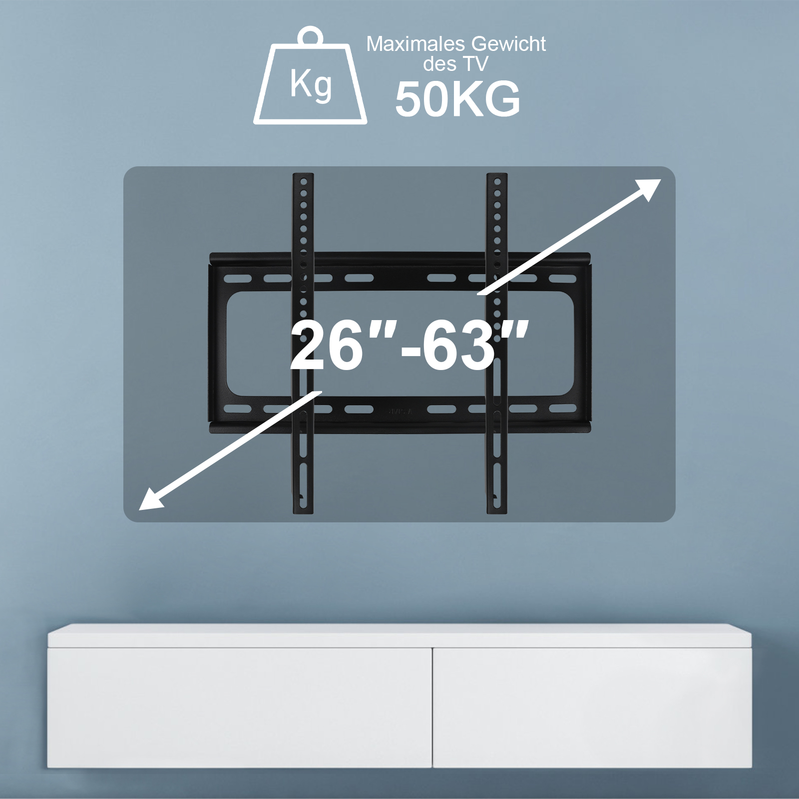 Schwarze TV-Wandhalterung. Zeigt Größenbereich 26"-63" und maximales Gewicht 50 kg.