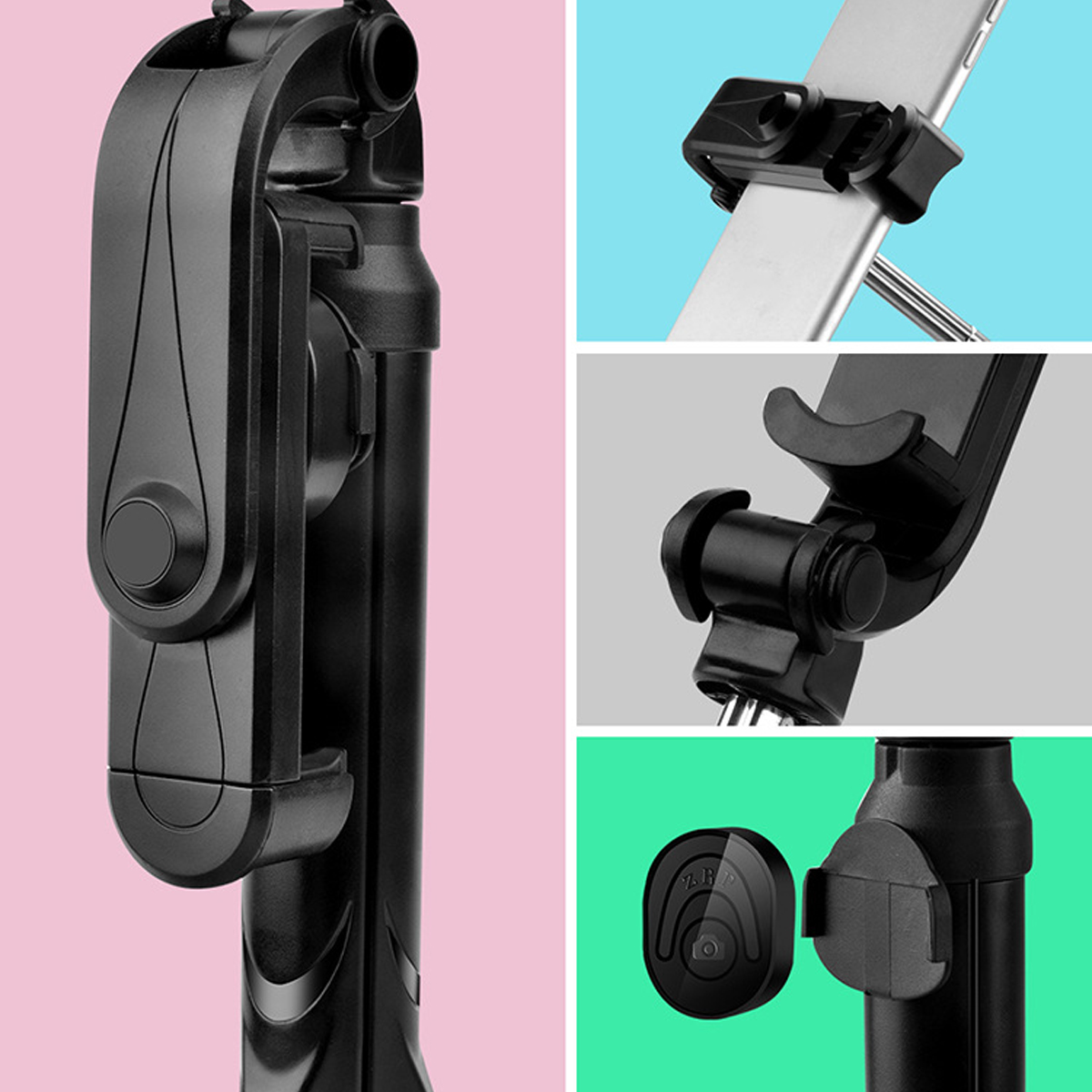 Nahaufnahme eines schwarzen Selfie-Sticks mit Handyhalter-Details und einer Fernbedienung.