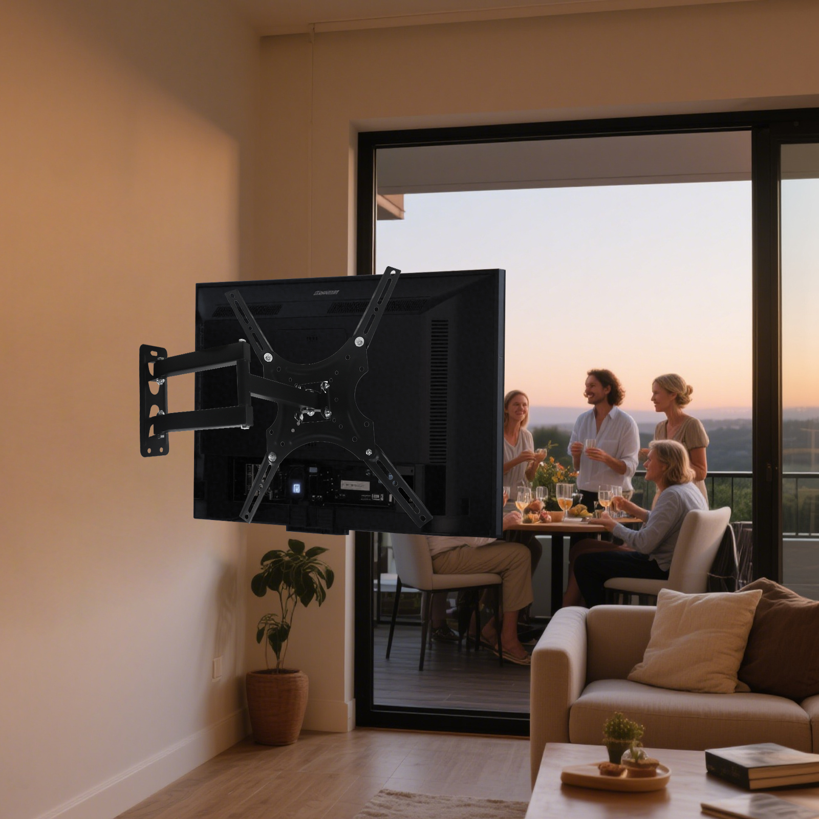 TV an Wand, zeigt Personen auf Balkon. Leute genießen Getränke.