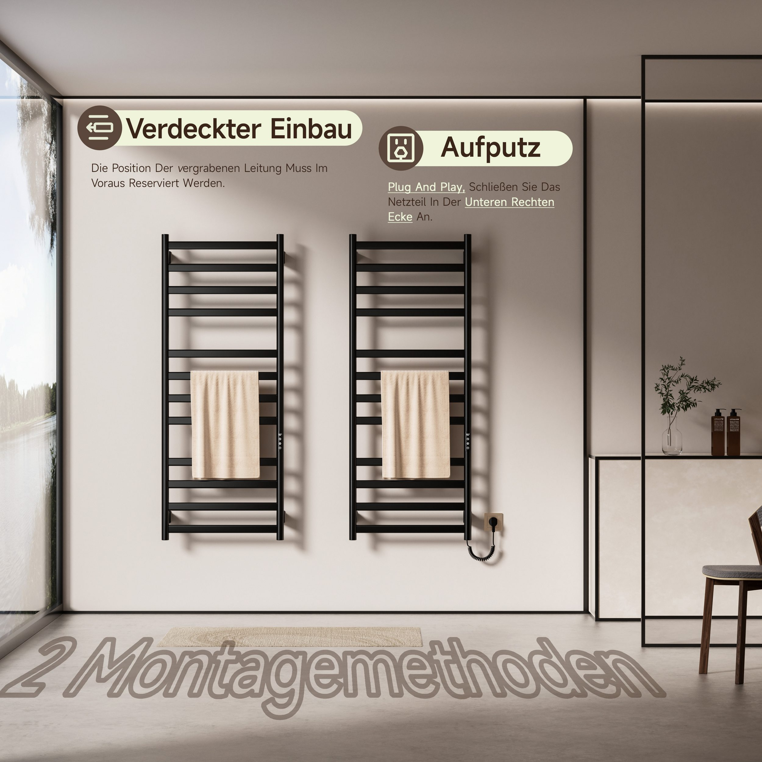 Zwei schwarze Handtuchwärmer an einer Wand. Text auf Deutsch beschreibt verdeckte und Oberflächenmontageoptionen.