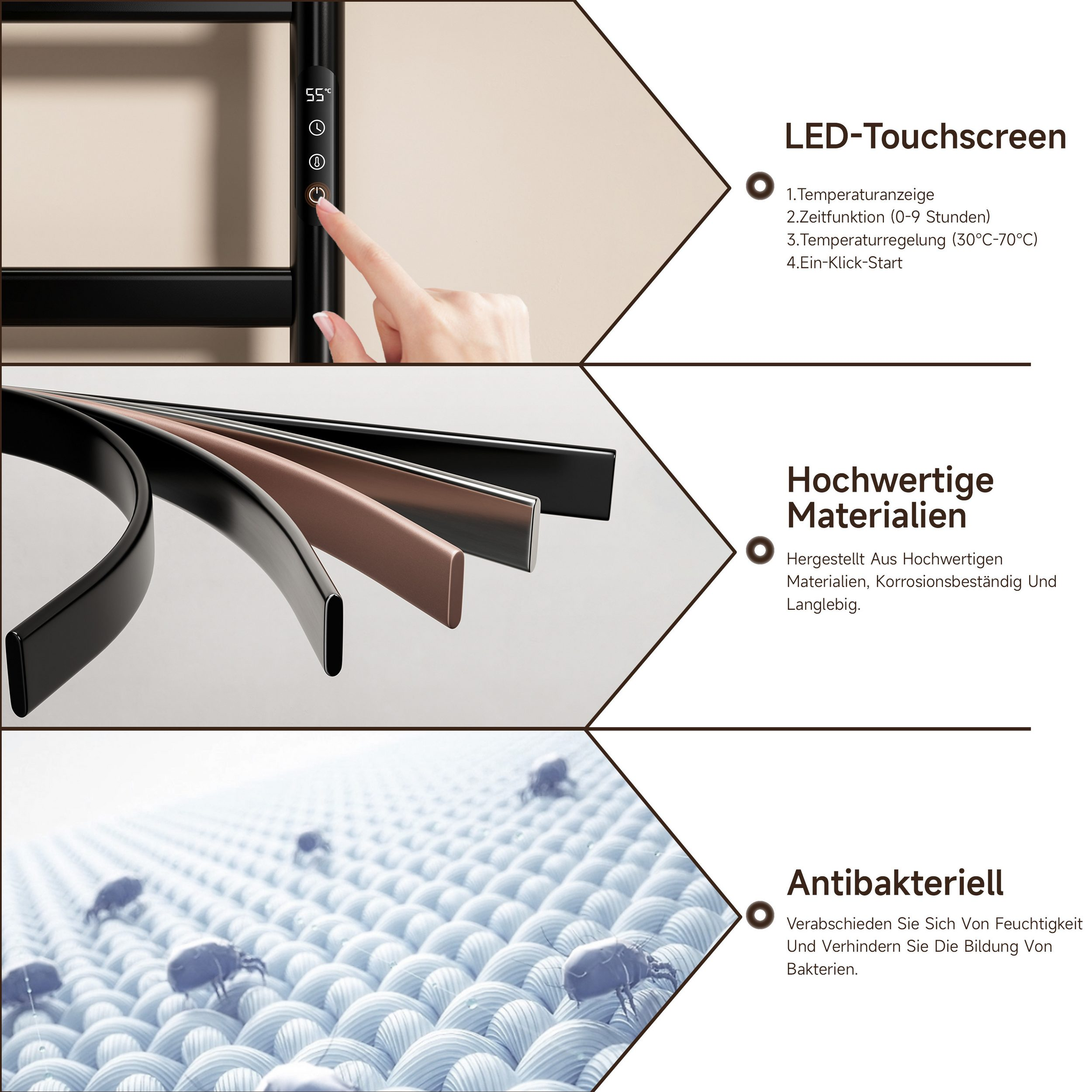 Diagramm zeigt Touchscreen, Materialien und antibakterielle Eigenschaften.
