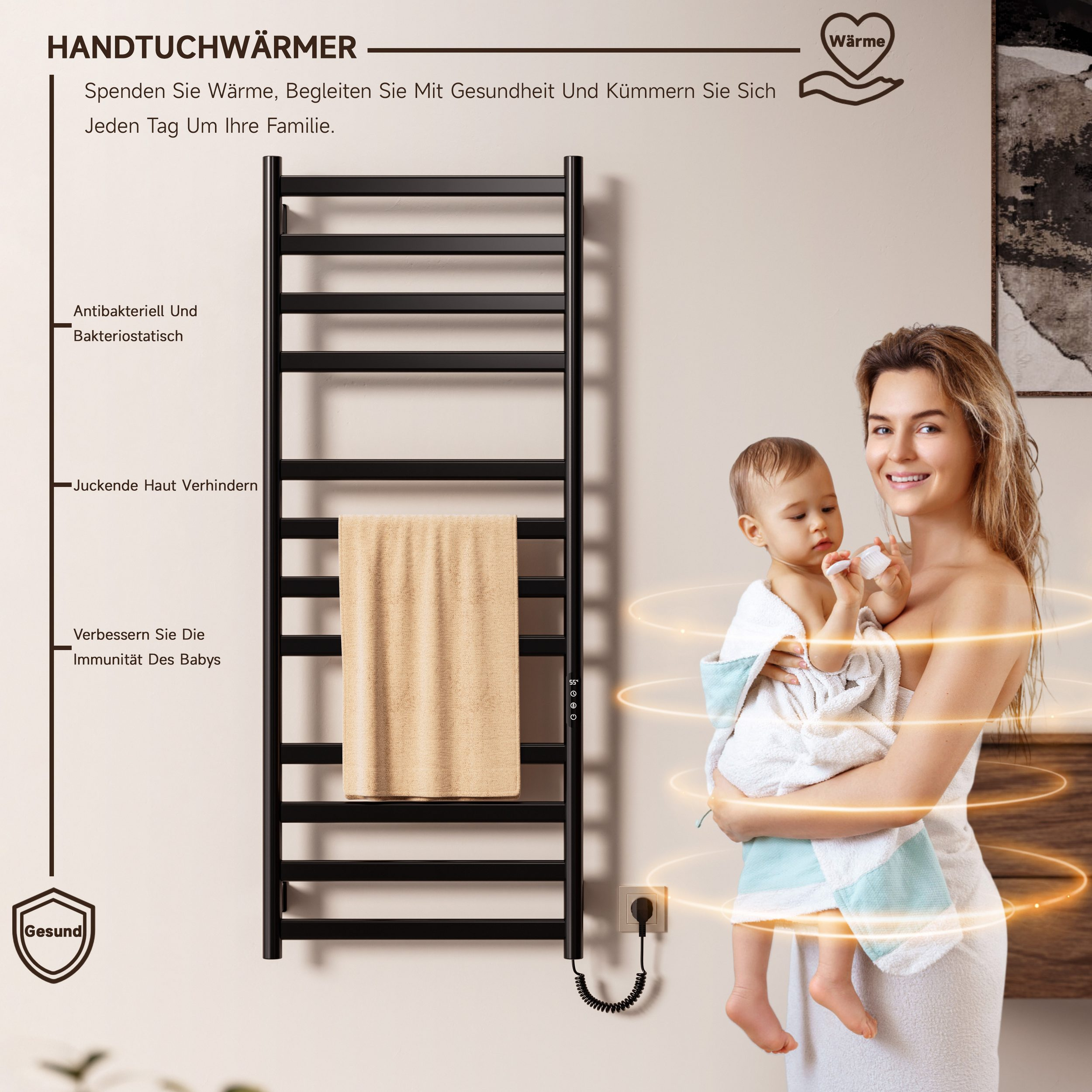 Eine Frau, die ein Baby hält, ein Handtuchwärmer im Hintergrund mit einem hängenden Handtuch. Text über Funktionen.