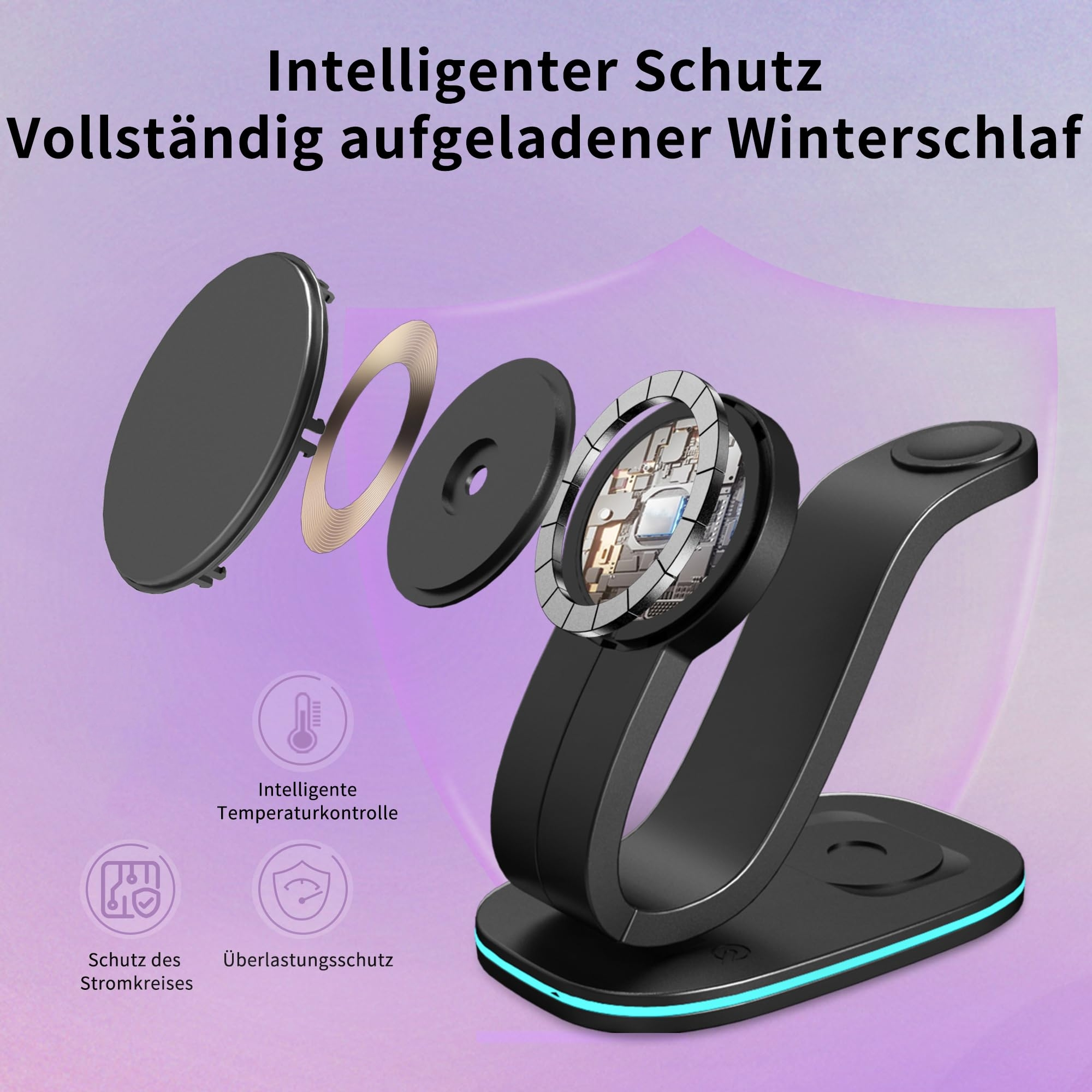 Kabelloses Ladegerät mit internen Komponenten, die in einem Diagramm dargestellt sind.