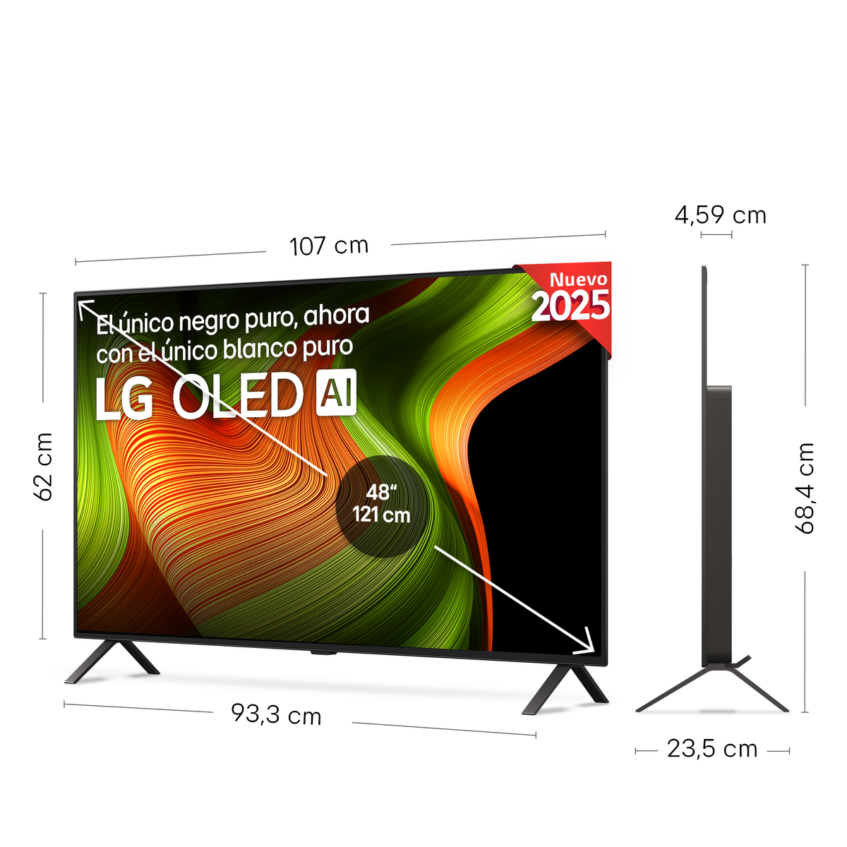 Ein großer LG OLED-Fernseher. Abmessungen, Etiketten und Informationen zum Fernseher werden angezeigt.