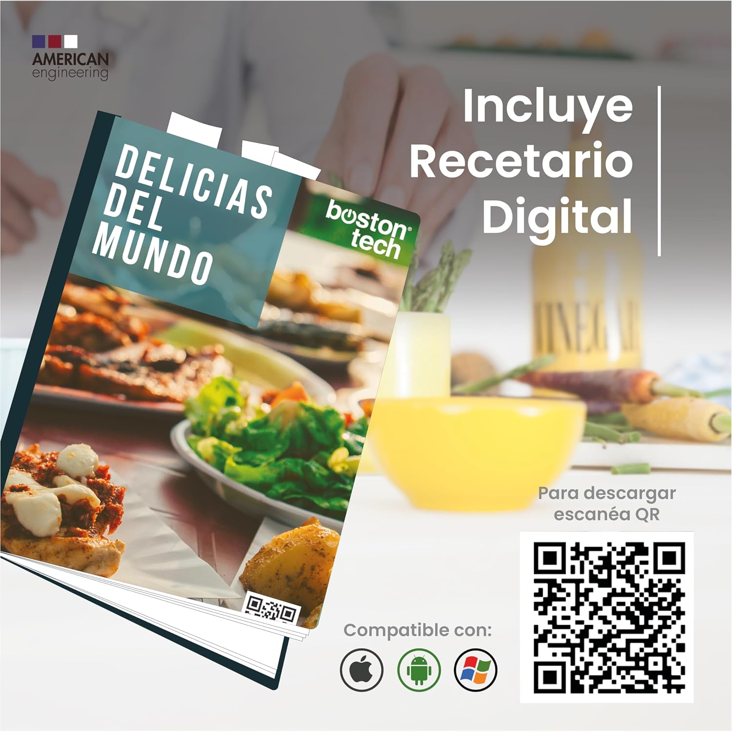Un libro di cucina con un codice QR, e immagini di cibo e una ciotola gialla con carota e asparagi.