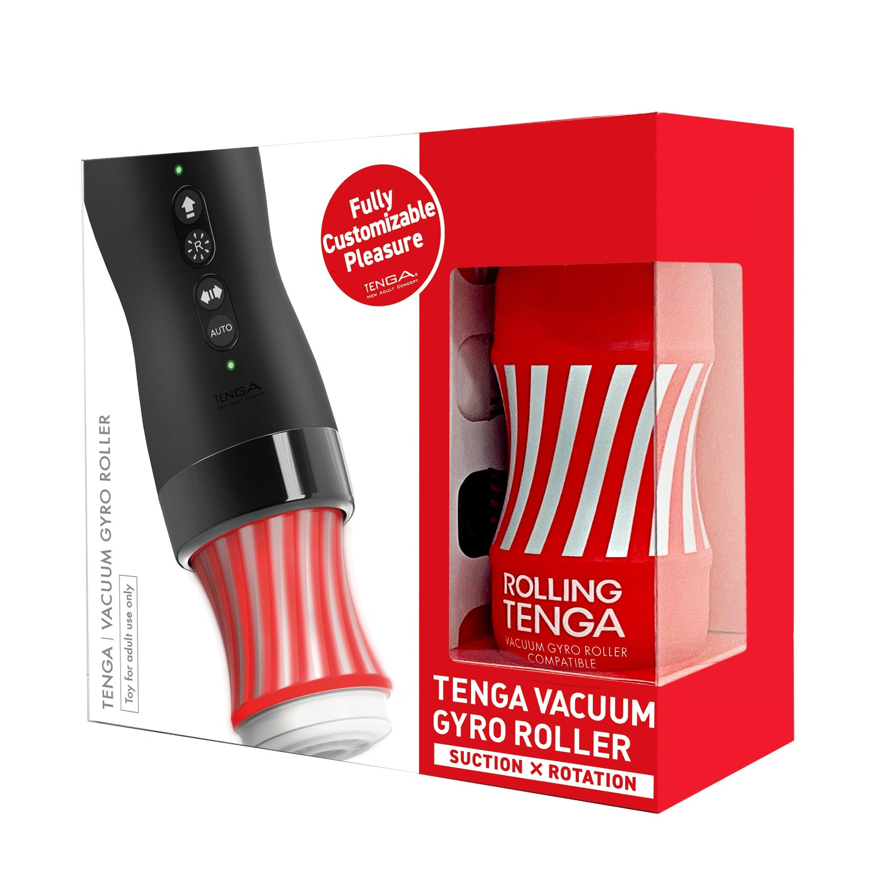 Zabawka Tenga vacuum gyro roller w czerwonym pudełku i w użyciu.