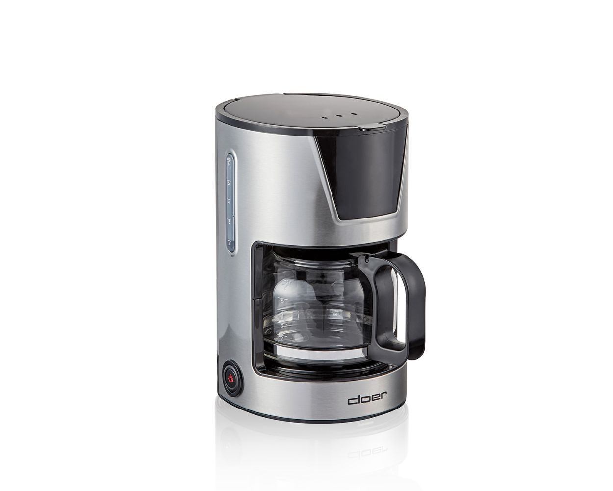 Srebrno-czarny ekspres do kawy ze szklaną karafką, na białym tle.