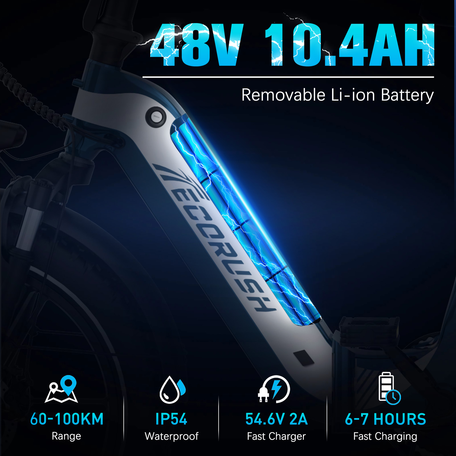 Rower elektryczny pokazuje baterię i ma tekst wskazujący zasięg i czas ładowania.