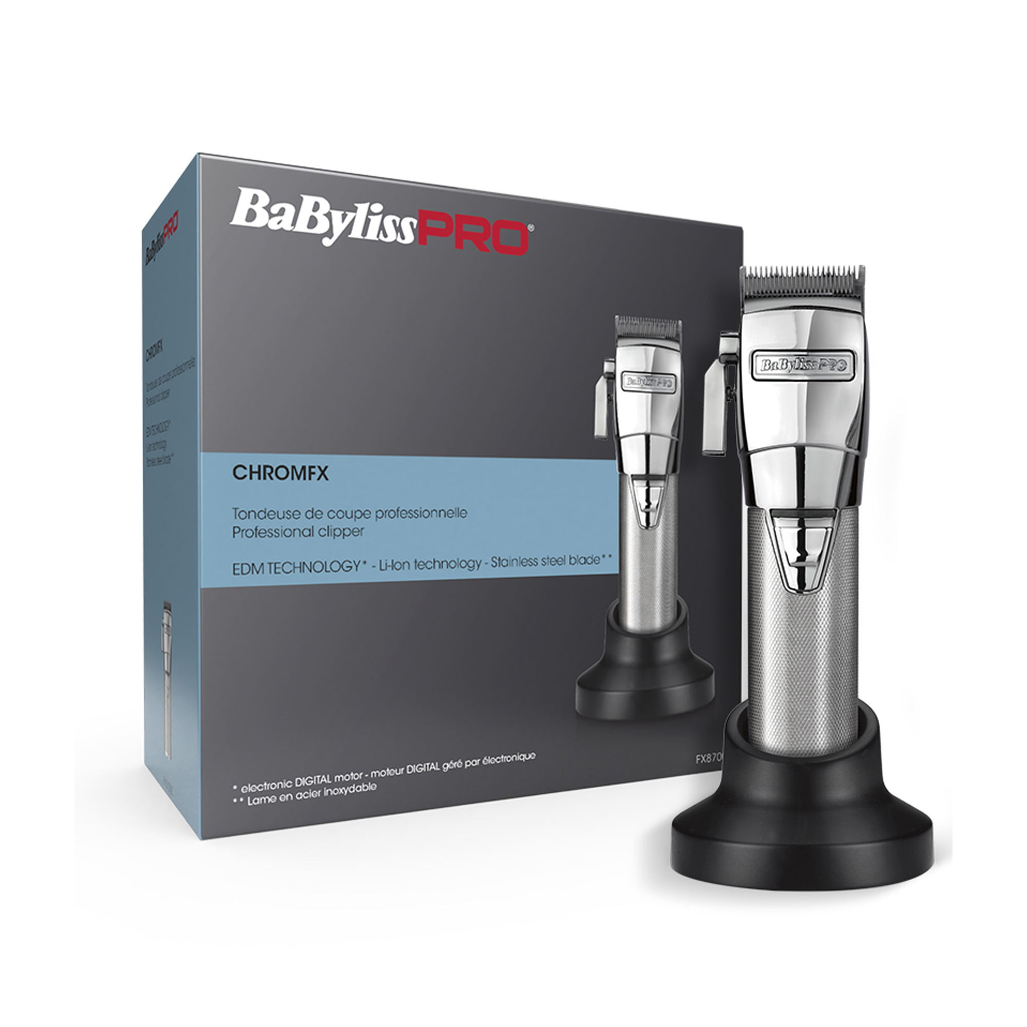 A hair clipper is shown with its box. The box says CHROMFX and has text in French.