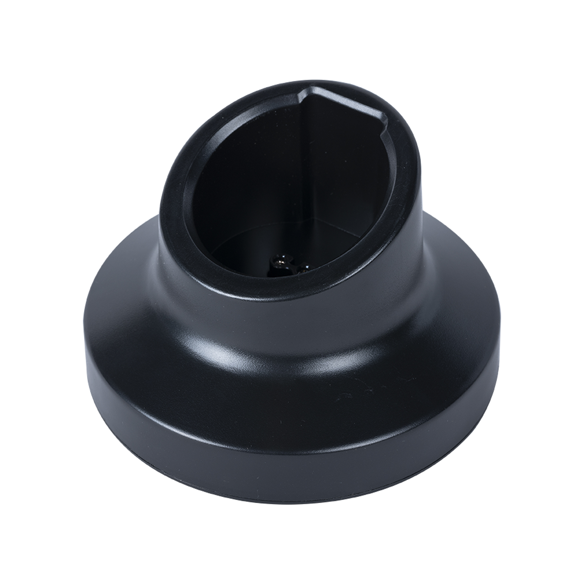 A black plastic holder with an angled top, viewed on a white background.