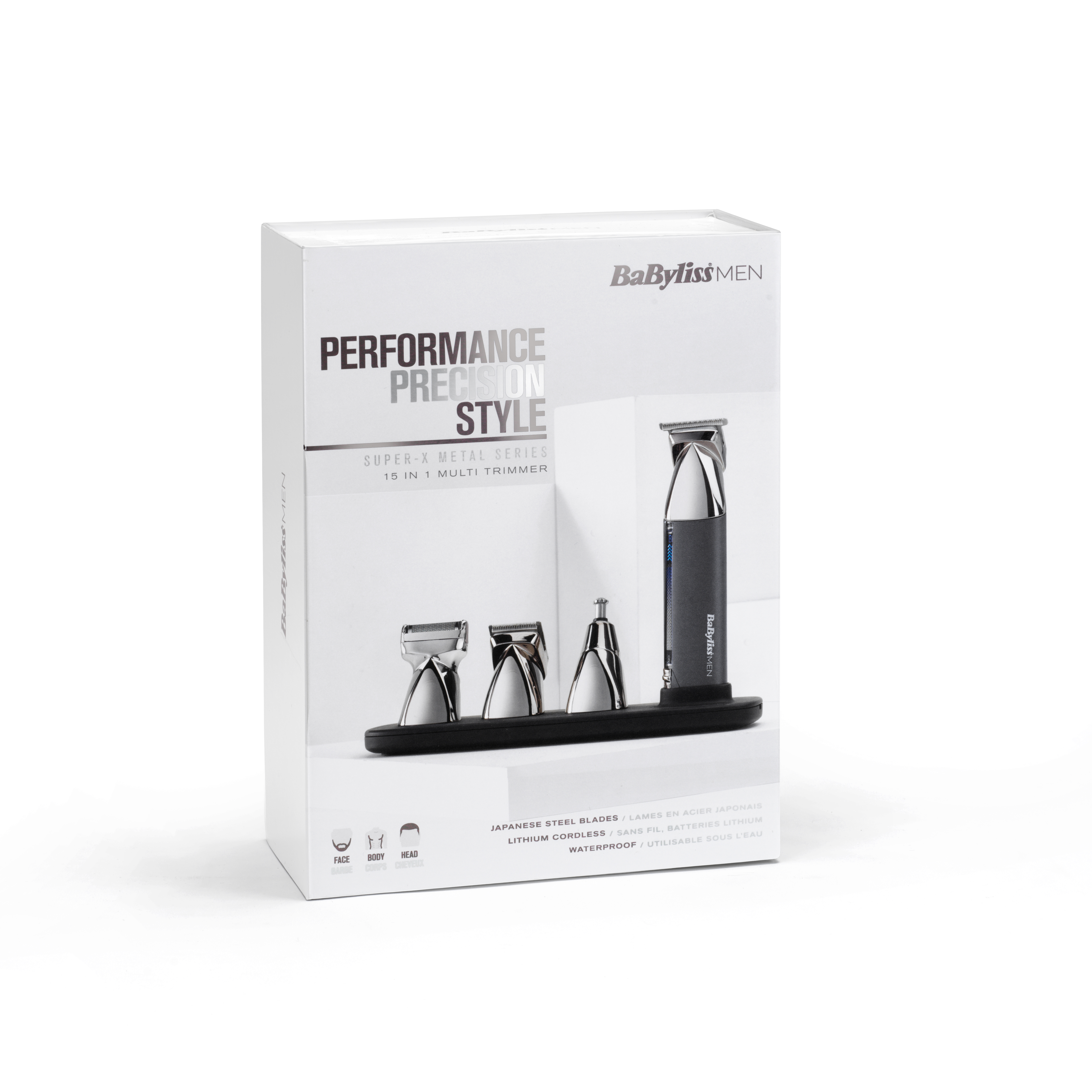 Caja blanca con recortadora y accesorios. Texto: Performance Precision Style. Marca: BaBylissMEN.