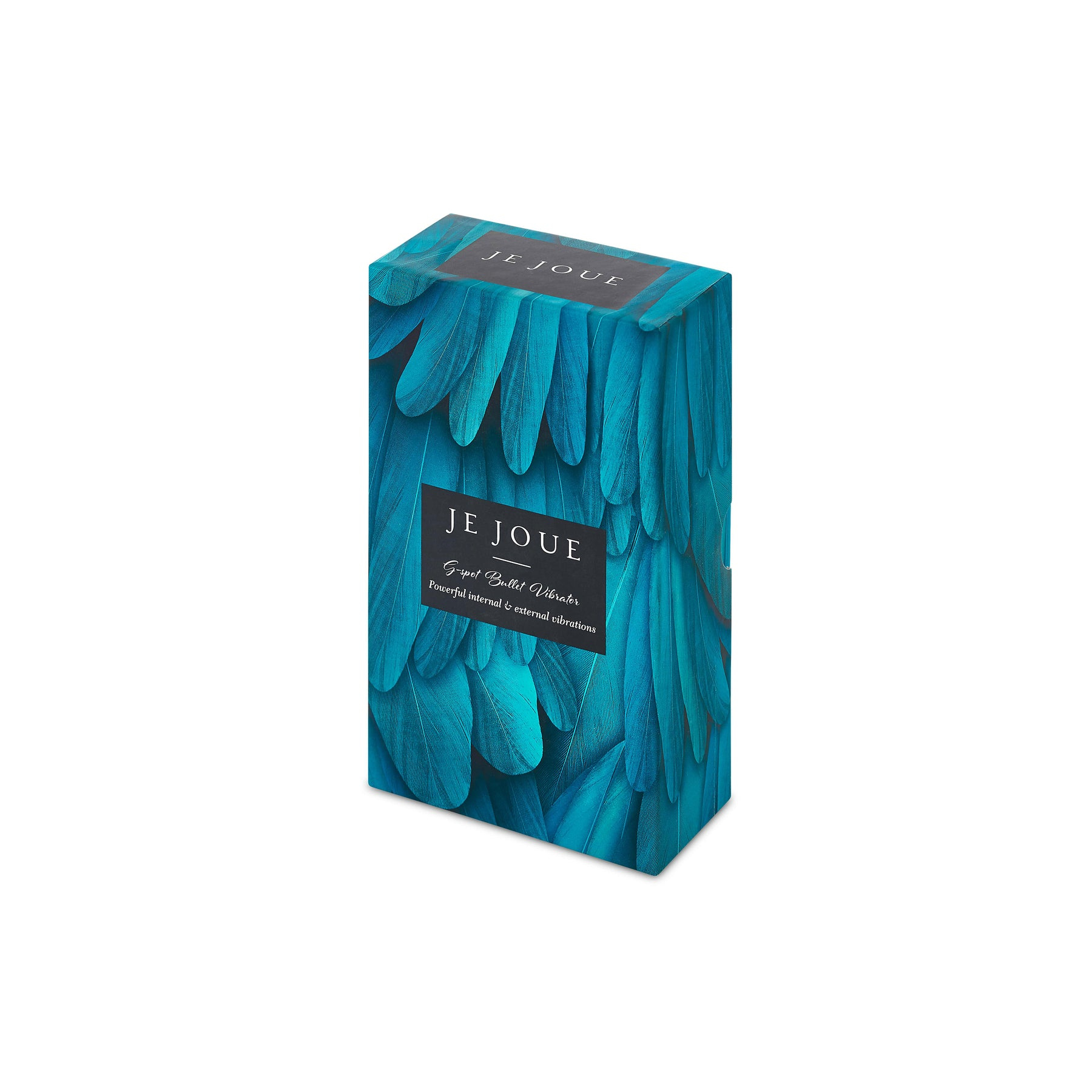 Una caja con diseño de plumas azules y el texto JE JOUE.