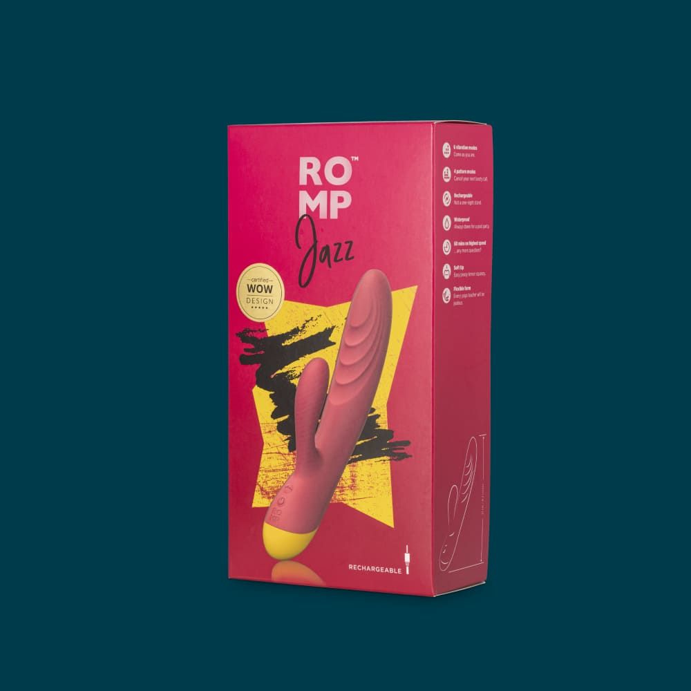 Pudełko z różowo-żółtym wzorem, tekstem ROMP Jazz, dla urządzenia ładowalnego.