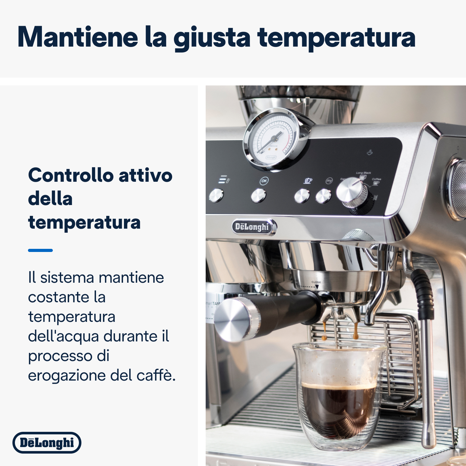 Kaffeemaschine, mit Text zur Temperaturkontrolle und zum Brühen.