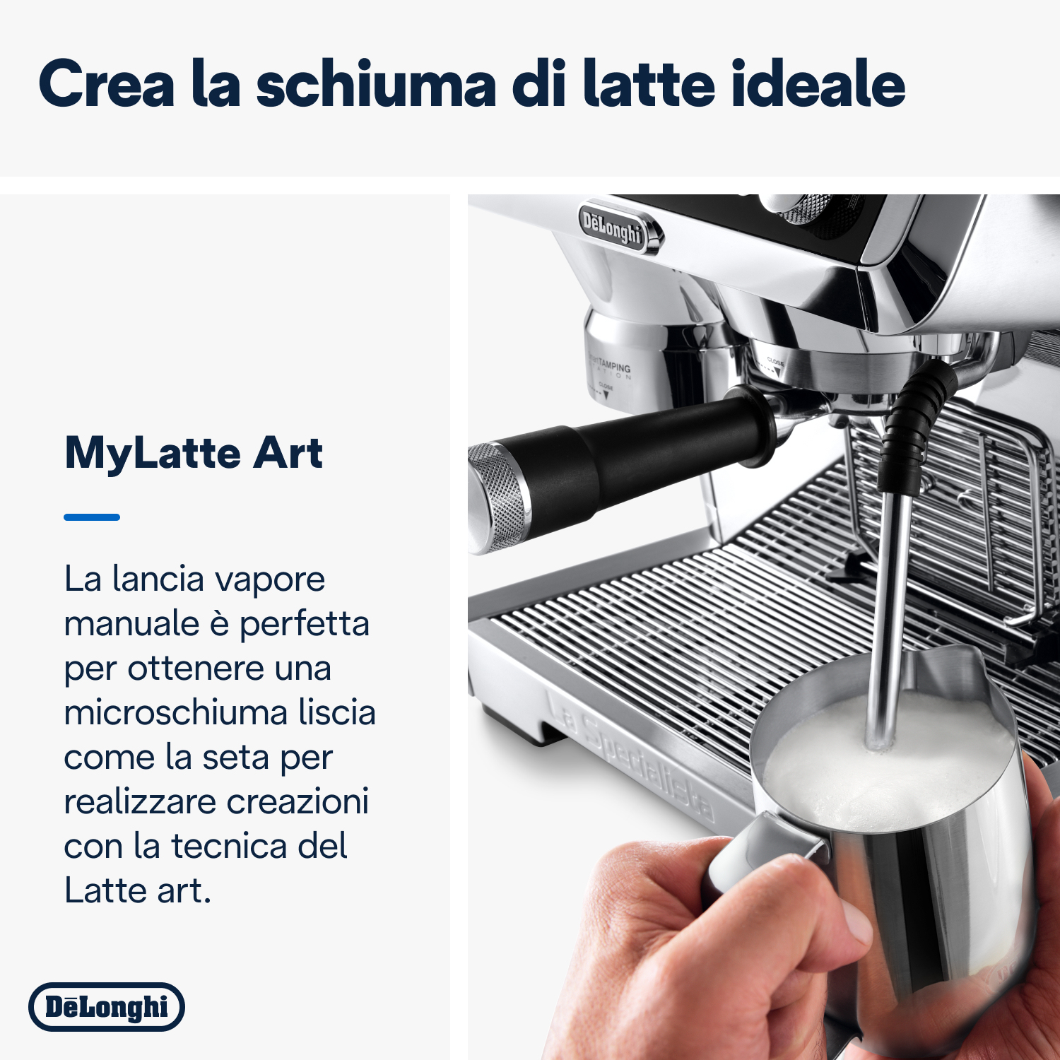 Kaffeemaschine mit manueller Dampflanze, die Milchschaum erzeugt.