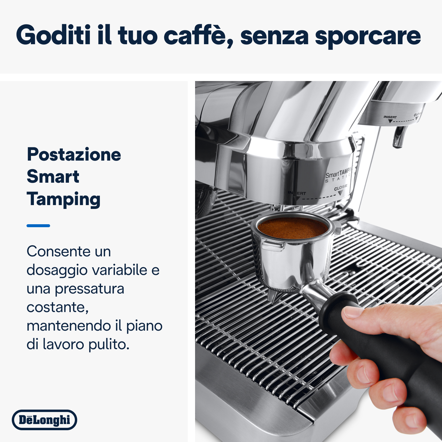 Kaffeemaschine, Siebträger mit Kaffee, Hand, Text links.